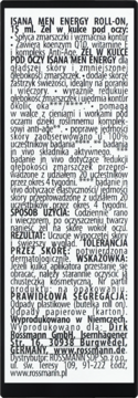 Tył etykiety żelu w kulce ISANA MEN ENERGY ROLL-ON 15ml. Opis produktu, składników i sposób użycia.