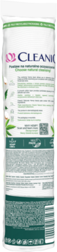 Cleanic Naturals Hemp płatki kosmetyczne, tył opakowania z opisem składu i korzyści, biało-zielone.