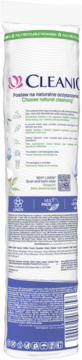 Tył opakowania płatków Cleanic Naturals Linen, biało-fioletowe, 90% bawełny, 10% lnu, redukcja bakterii.