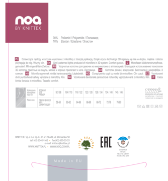 Różowo-szara karta informacyjna noa BY KNITTEX z logo, numerami produktów i certyfikatem Bezpieczny dla dziecka.