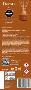 Opakowanie dyfuzora Dorota & Aroma Home Karmel 100 ml, brązowe, widok z przodu z instrukcjami i symbolami.