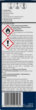 Tylne opakowanie dyfuzora Glade Aromatherapy Reed Diffuser Refreshing Energy z instrukcją, ostrzeżeniami i kodem kreskowym.