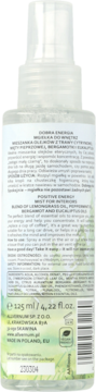 Tył butelki Allvernum Aromatherapy mgiełka do wnętrz Dobra Energia, przezroczysta z białą etykietą, widoczne informacje o produkcie.