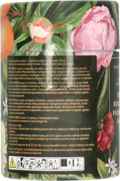 Tył opakowania zestawu świeczek tealight 50ml z bogatym kwiatowym wzorem. Widoczne szczegółowe informacje o zapachach i użyciu.