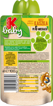 Tył beżowej saszetki Kubuś Baby Mus+Kaszka jabłko-morela, 100g, z tabelą odżywczą, dla niemowląt od 6 miesiąca.