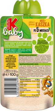 Tył opakowania Kubuś Baby Mus+Kaszka, jabłko banan, dla niemowląt od 5 mies., z etykietą i kodem kreskowym.
