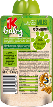 Tył saszetki musu Kubuś Baby: jabłko, brzoskwinia, marchew, banan. Bez cukru, 100g, dla dzieci.