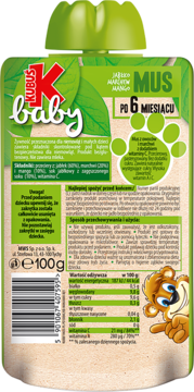 Tył saszetki Kubuś Baby Mus jabłko, marchew, mango, dla dzieci, z etykietą i tabelą wartości.