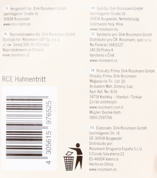 Tył opakowania Rossmann RCE Hahnentritt, z czarnym kodem kreskowym, numerem 4305615976525 i symbolem recyklingu.