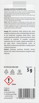 Tył białej Pachnącej saszetki Kaszmirowa Róża z tekstem, UFI, 5g, symbolami recyklingu i ostrzeżeniem.