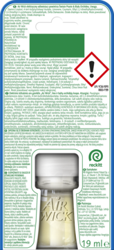 Tył wkładu Air Wick 19ml, odświeżacz z naturalnymi olejkami. Szklana buteleczka z żółtym płynem, czytelne informacje.