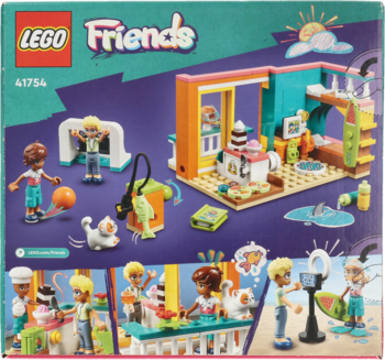 LEGO Friends Pokój Leo 41754, tył pudełka. Pokój ze studiem, piekarnią i balkonem; figurki, zwierzęta, sprzęt.