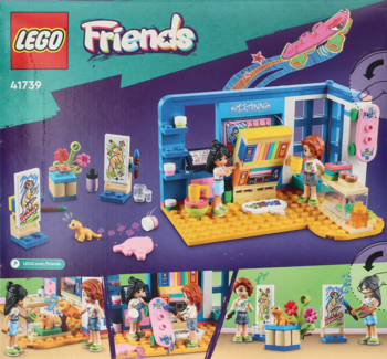 Tył pudełka LEGO Friends Pokój Liann 41739 z kolorowym wnętrzem pokoju, figurkami Liann i Autumn, artystycznymi akcesoriami.