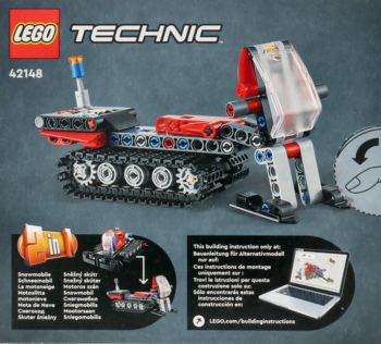 Okładka instrukcji LEGO Technic 42148 Ratrak, czerwono-czarny model z gąsienicami i pługiem, oraz alternatywny skuter śnieżny.