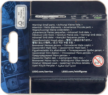 Tył opakowania LEGO Minifigures Seria 24 z informacją o małych częściach i logo FSC, na ciemnym tle.