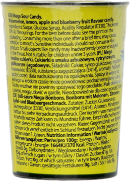 Tył żółto-zielonego opakowania Mega Sour Candy, gęsty tekst ze składnikami i wartościami odżywczymi.