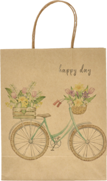 Brązowa papierowa torba prezentowa, z grafiką roweru z koszami kolorowych kwiatów, napis 'happy day'.