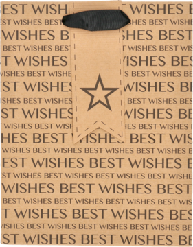 Brązowa prostokątna torba prezentowa z uchwytem, pokryta napisem "BEST WISHES" i gwiazdką, widok z przodu.