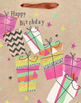 Torebka prezentowa urodzinowa, brązowa, z kolorowymi prezentami, gwiazdami i napisem Happy Birthday.
