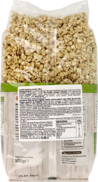 Tył przezroczystego opakowania chrupiącej granoli owsianej enerBiO z kokosem 500g, z etykietą i tekstem PL.