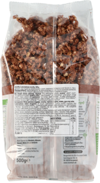 Tył przezroczystego opakowania enerBio Czekoladowe crunchy 500g, widoczna biała etykieta ze składem.