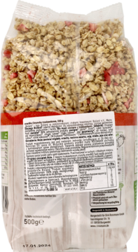 Tył opakowania muesli enerBiO truskawkowym crunchy, widoczne owies, truskawki i pełna lista składników, 500g.