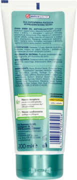 Tył opakowania Isana krem żel antycellulitowy 200ml, turkusowo-biała tuba z tekstem, składem i kodem kreskowym.