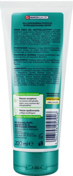 Tył zielono-białej tubki Isana krem-żelu antycellulitowego z widocznymi składnikami i informacjami o produkcie.