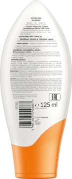 Tył białej butelki balsamu do opalania Soraya Sun Care SPF 30, z filtrami UVA/UVB i ochroną mikrobiomu skóry.