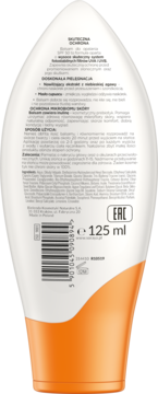 Tył opakowania balsamu Soraya Sun Care SPF 50, biało-pomarańczowa butelka 125 ml z czytelnymi informacjami.