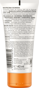 Tył tubki Bielenda SPF 50 kremu do twarzy, z polskim tekstem, kodem kreskowym i pomarańczowym spodem, 40 ml.