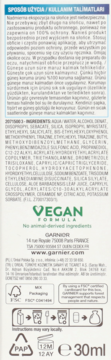 Tył białego opakowania Garnier Serum 30ml, z informacjami o składnikach, wegańską formułą i symbolem 12M.
