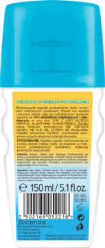 Tył butelki Bielenda Chłodząca Mgiełka Po Opalaniu, 150ml. Biała z niebieską nakrętką, widoczne etykiety i barcode.