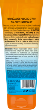 Tył pomarańczowo-niebieskiej tubki mleczka Bielenda Bikini Baby SPF 50 dla dzieci, ze składem i użyciem.