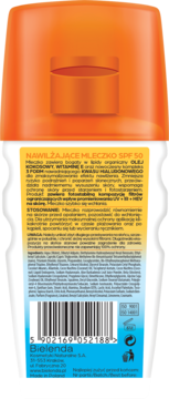 Tył opakowania nawilżającego mleczka do opalania Bielenda Bikini SPF 50. Biała butelka, pomarańczowa zakrętka.