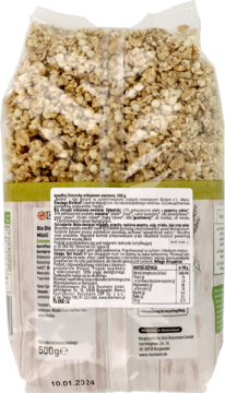EnerBio Chrunchy orkiszowo-owsiane, 500g, granola w przezroczystej torbie, tył opakowania z widocznymi etykietami i datą.