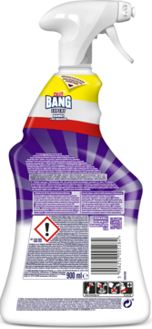 Cillit Bang Czystość i Higiena, spray do łazienki, tył białej butelki z fioletową etykietą i ostrzeżeniami.