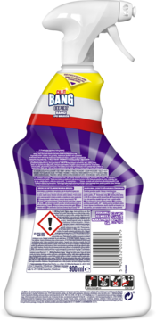 Tył białej butelki sprayu Cillit Bang Czystość i Higiena 900 ml do dezynfekcji, z fioletową etykietą, kodem i ostrzeżeniem.