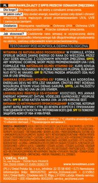 Tył opakowania kremu L'Oréal Men Expert SPF 15, z polskim opisem i listą składników. Dominują kolory pomarańcz i biel.