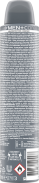 Tył szarej puszki antyperspirantu Dove MEN+CARE Fresh 48h w sprayu, z ostrzeżeniami i kodem kreskowym.