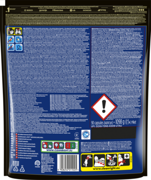 Tył opakowania Finish Ultimate Plus 90 kapsułek cytrynowy zapach. Widoczne informacje i ostrzeżenie na ciemnej folii.