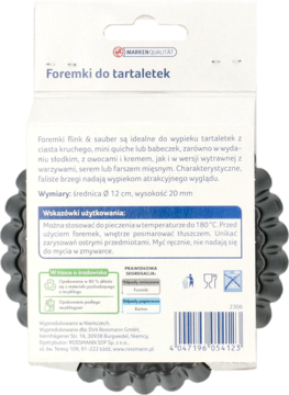 Tył opakowania metalowej foremki do tartaletek F&S. Biała etykieta z polskim opisem, widoczna karbowana forma.