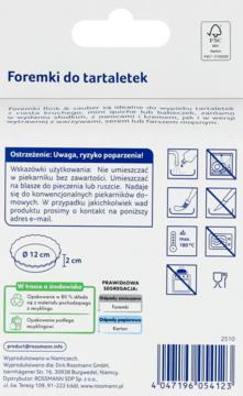 Tył opakowania foremek do tartaletek Rossmann z instrukcjami użytkowania, piktogramami i wymiarami (12x2cm).