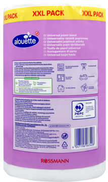 Tył fioletowego opakowania ręcznika papierowego Alouette XXL PACK 2-warstwowy, z instrukcjami i logo Rossmann.