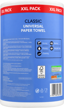 Tył rolki papierowych ręczników XXL Classic Universal, 2-warstwowych, z opisem zastosowań i kodem kreskowym.