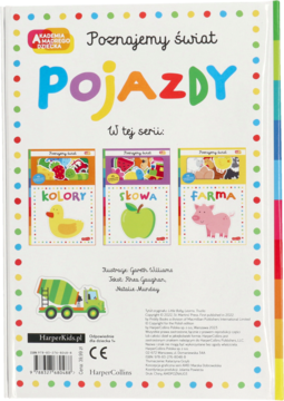 Tylna okładka książki dla dzieci 'Poznajemy świat POJAZDY', biała z kolorowymi kropkami i betoniarką.