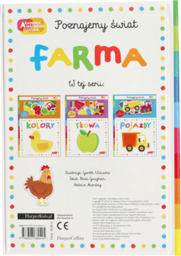 Tył książeczki "Akademia Mądrego Dziecka. Farma" z kurą, tytułem "Poznajemy świat" i podglądem innych książek z serii.
