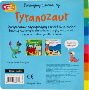 Tył niebieskiej książki dziecięcej "Tyranozaur" z ruchomymi elementami, widoczne kolorowe grzbiety innych tomów.