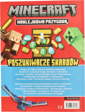 Tył książki Minecraft Naklejkowa Przygoda Poszukiwacze Skarbów, z Alex, Creeperem, Piglinem i skrzynią skarbów.