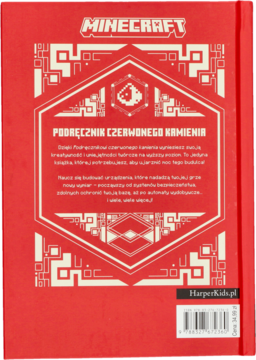 Tył książki Minecraft Podręcznik Czerwonego Kamienia: czerwona okładka z białym, technicznym wzorem.